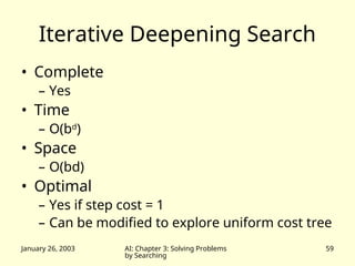 January 26, 2003 AI: Chapter 3: Solving Problems
by Searching
59
Iterative Deepening Search
• Complete
– Yes
• Time
– O(bd
)
• Space
– O(bd)
• Optimal
– Yes if step cost = 1
– Can be modified to explore uniform cost tree
 
