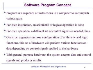 4
Software Program Concept
Computer Architecture and Organization
Program is a sequence of instructions to a computer to accomplish
various tasks
For each instruction, an arithmetic or logical operation is done
For each operation, a different set of control signals is needed, thus
Construct a general-purpose configuration of arithmetic and logic
functions, this set of hardware will perform various functions on
data depending on control signals applied to the hardware
With general-purpose hardware, the system accepts data and control
signals and produces results
 