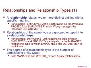 Slide 3- 23
Relationships and Relationship Types (1)
 A relationship relates two or more distinct entities with a
specific meaning.

For example, EMPLOYEE John Smith works on the ProductX
PROJECT, or EMPLOYEE Franklin Wong manages the
Research DEPARTMENT.
 Relationships of the same type are grouped or typed into
a relationship type.

For example, the WORKS_ON relationship type in which
EMPLOYEEs and PROJECTs participate, or the MANAGES
relationship type in which EMPLOYEEs and DEPARTMENTs
participate.
 The degree of a relationship type is the number of
participating entity types.
 Both MANAGES and WORKS_ON are binary relationships.
 
