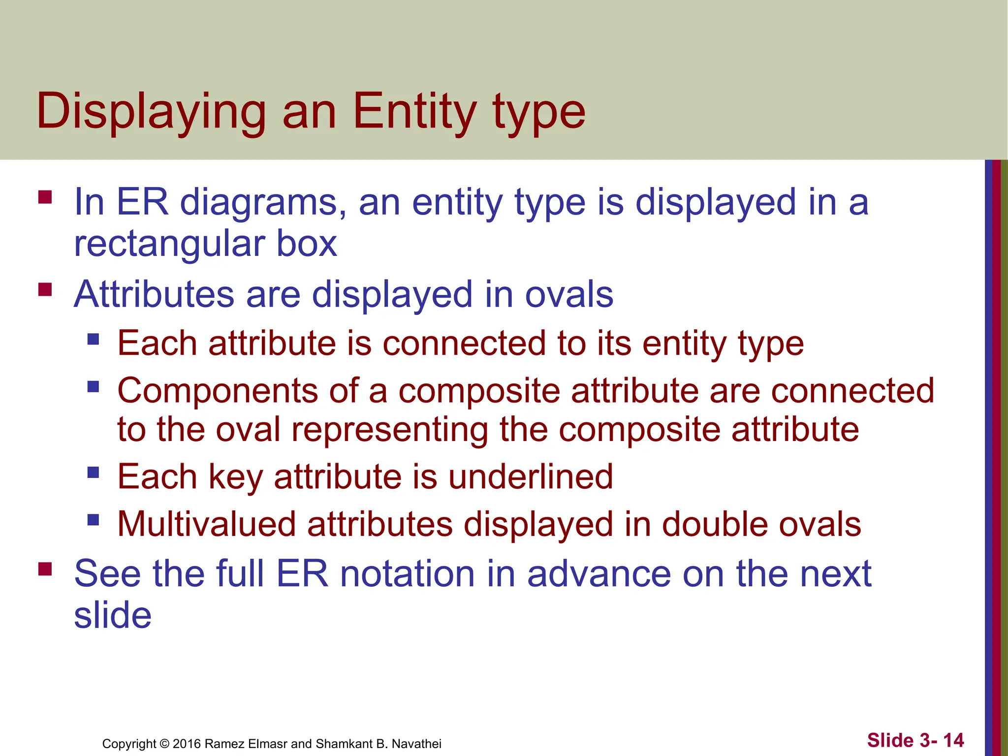 Copyright © 2016 Ramez Elmasr and Shamkant B. Navathei Slide 3- 14
Displaying an Entity type
 In ER diagrams, an entity type is displayed in a
rectangular box
 Attributes are displayed in ovals
 Each attribute is connected to its entity type
 Components of a composite attribute are connected
to the oval representing the composite attribute
 Each key attribute is underlined
 Multivalued attributes displayed in double ovals
 See the full ER notation in advance on the next
slide
 