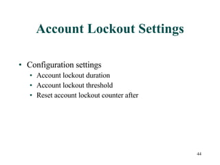 Account Lockout Settings Configuration settings Account lockout duration Account lockout threshold Reset account lockout counter after  