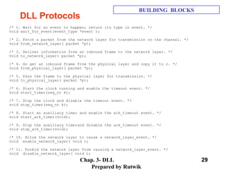 Chap. 3- DLL
Prepared by Rutwik
29
DLL Protocols
BUILDING BLOCKS
/* 1. Wait for an event to happen; return its type in event. */
void wait_for_event(event_type *event );
/* 2. Fetch a packet from the network layer for transmission on the channel. */
void from_network_layer( packet *p);
/* 3. Deliver information from an inbound frame to the network layer. */
void to_network_layer( packet *p);
/* 4. Go get an inbound frame from the physical layer and copy it to r. */
void from_physical_layer( packet *p);
/* 5. Pass the frame to the physical layer for transmission. */
void to_physical_layer( packet *p);
/* 6. Start the clock running and enable the timeout event. */
void start_timer(seq_nr k);
/* 7. Stop the clock and disable the timeout event. */
void stop_timer(seq_nr k);
/* 8. Start an auxiliary timer and enable the ack_timeout event. */
void start_ack_timer(void);
/* 9. Stop the auxiliary timerand disable the ack_timeout event. */
void stop_ack_timer(void);
/* 10. Allow the network layer to cause a network_layer_event. */
void enable_network_layer( void );
/* 11. Forbid the network layer from causing a network_layer_event. */
void disable_network_layer( void );
 
