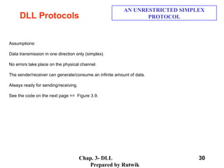 Chap. 3- DLL
Prepared by Rutwik
30
DLL Protocols
AN UNRESTRICTED SIMPLEX
PROTOCOL
Assumptions:
Data transmission in one direction only (simplex).
No errors take place on the physical channel.
The sender/receiver can generate/consume an infinite amount of data.
Always ready for sending/receiving.
See the code on the next page == Figure 3.9.
 