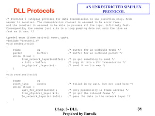 Chap. 3- DLL
Prepared by Rutwik
31
DLL Protocols
AN UNRESTRICTED SIMPLEX
PROTOCOL
/* Protocol 1 (utopia) provides for data transmission in one direction only, from
sender to receiver. The communication channel is assumed to be error free,
and the receiver is assumed to be able to process all the input infinitely fast.
Consequently, the sender just sits in a loop pumping data out onto the line as
fast as it can. */
typedef enum {frame_arrival} event_type;
#include "protocol.h"
void sender1(void)
{
frame s; /* buffer for an outbound frame */
packet buffer; /* buffer for an outbound packet */
while (true) {
from_network_layer(&buffer); /* go get something to send */
s.info = buffer; /* copy it into s for transmission */
to_physical_layer(&s); /* send it on its way */
}
}
void receiver1(void)
{
frame r;
event_type event; /* filled in by wait, but not used here */
while (true) {
wait_for_event(&event); /* only possibility is frame arrival */
From_physical_layer(&r); /* go get the inbound frame */
To_network_layer(&r.info); /* pass the data to the network layer */
}
}
 