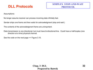 Chap. 3- DLL
Prepared by Rutwik
32
DLL Protocols
SIMPLEX STOP-AND-WAIT
PROTOCOL
 
Assumptions:
 
No longer assume receiver can process incoming data infinitely fast.
 
Sender ships one frame and then waits for acknowledgment (stop and wait.)
 
The contents of the acknowledgment frame are unimportant. 
 
Data transmission is one directional, but must have bi-directional line.  Could have a half-duplex (one 
direction at a time) physical channel. 
 
See the code on the next page == Figure 3.10. 
 
 