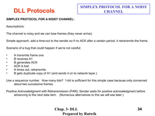 Chap. 3- DLL
Prepared by Rutwik
34
DLL Protocols
SIMPLEX PROTOCOL FOR A NOISY
CHANNEL
SIMPLEX PROTOCOL FOR A NOISY CHANNEL:
 
Assumptions:
 
The channel is noisy and we can lose frames (they never arrive).
 
Simple approach, add a time-out to the sender so if no ACK after a certain period, it retransmits the frame. 
 
Scenario of a bug that could happen if we’re not careful:
 
• A transmits frame one 
• B receives A1
• B generates ACK
• ACK is lost
• A times out, retransmits
• B gets duplicate copy of A1 (and sends it on to network layer.) 
 
Use a sequence number.  How many bits?  1-bit is sufficient for this simple case because only concerned 
about two successive frames.
 
Positive Acknowledgment with Retransmission (PAR): Sender waits for positive acknowledgment before 
advancing to the next data item.   (Numerous alternatives to this we will see later.)
 
 