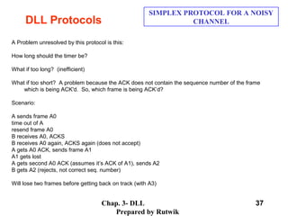 Chap. 3- DLL
Prepared by Rutwik
37
DLL Protocols
SIMPLEX PROTOCOL FOR A NOISY
CHANNEL
  
A Problem unresolved by this protocol is this:
 
How long should the timer be? 
 
What if too long?  (inefficient)
 
What if too short?  A problem because the ACK does not contain the sequence number of the frame 
which is being ACK'd.  So, which frame is being ACK’d?
 
Scenario:
 
A sends frame A0
time out of A
resend frame A0
B receives A0, ACKS
B receives A0 again, ACKS again (does not accept)
A gets A0 ACK, sends frame A1
A1 gets lost
A gets second A0 ACK (assumes it’s ACK of A1), sends A2
B gets A2 (rejects, not correct seq. number)
 
Will lose two frames before getting back on track (with A3) 
 