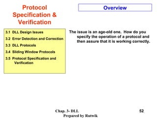 Chap. 3- DLL
Prepared by Rutwik
52
Protocol
Specification &
Verification
Overview
The issue is an age-old one. How do you
specify the operation of a protocol and
then assure that it is working correctly.
3.1 DLL Design Issues
3.2 Error Detection and Correction
3.3 DLL Protocols
3.4 Sliding Window Protocols
3.5 Protocol Specification and
Verification
 