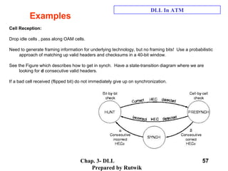 Chap. 3- DLL
Prepared by Rutwik
57
Examples
DLL In ATM
Cell Reception:
Drop idle cells , pass along OAM cells.
Need to generate framing information for underlying technology, but no framing bits! Use a probabilistic
approach of matching up valid headers and checksums in a 40-bit window.
See the Figure which describes how to get in synch. Have a state-transition diagram where we are
looking for d consecutive valid headers.
If a bad cell received (flipped bit) do not immediately give up on synchronization.
 