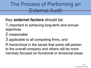 The Process of Performing an
External Audit
Key external factors should be:
1.important to achieving long-term and annual
objectives
2.measurable
3.applicable to all competing firms, and
4.hierarchical in the sense that some will pertain
to the overall company and others will be more
narrowly focused on functional or divisional areas
3-11
BY:MADDY.KALEEM
 