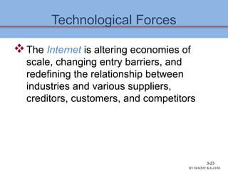 Technological Forces
The Internet is altering economies of
scale, changing entry barriers, and
redefining the relationship between
industries and various suppliers,
creditors, customers, and competitors
3-23
BY:MADDY.KALEEM
 
