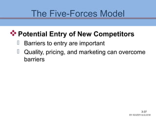 The Five-Forces Model
Potential Entry of New Competitors
 Barriers to entry are important
 Quality, pricing, and marketing can overcome
barriers
3-37
BY:MADDY.KALEEM
 