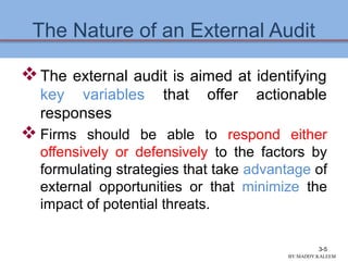 The Nature of an External Audit
The external audit is aimed at identifying
key variables that offer actionable
responses
 Firms should be able to respond either
offensively or defensively to the factors by
formulating strategies that take advantage of
external opportunities or that minimize the
impact of potential threats.
3-5
BY:MADDY.KALEEM
 