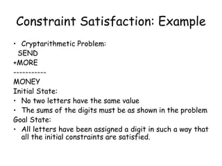 Constraint Satisfaction: Example
• Cryptarithmetic Problem:
SEND
+MORE
-----------
MONEY
Initial State:
• No two letters have the same value
• The sums of the digits must be as shown in the problem
Goal State:
• All letters have been assigned a digit in such a way that
all the initial constraints are satisfied.
 