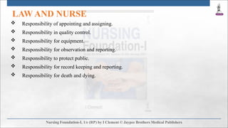 LAW AND NURSE
 Responsibility of appointing and assigning.
 Responsibility in quality control.
 Responsibility for equipment.
 Responsibility for observation and reporting.
 Responsibility to protect public.
 Responsibility for record keeping and reporting.
 Responsibility for death and dying.
 