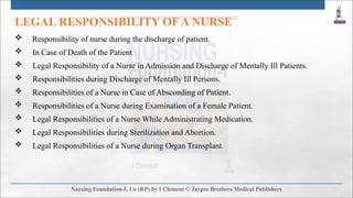 LEGAL RESPONSIBILITY OF A NURSE
 Responsibility of nurse during the discharge of patient.
 In Case of Death of the Patient
 Legal Responsibility of a Nurse in Admission and Discharge of Mentally Ill Patients.
 Responsibilities during Discharge of Mentally Ill Persons.
 Responsibilities of a Nurse in Case of Absconding of Patient.
 Responsibilities of a Nurse during Examination of a Female Patient.
 Legal Responsibilities of a Nurse While Administrating Medication.
 Legal Responsibilities during Sterilization and Abortion.
 Legal Responsibilities of a Nurse during Organ Transplant.
 
