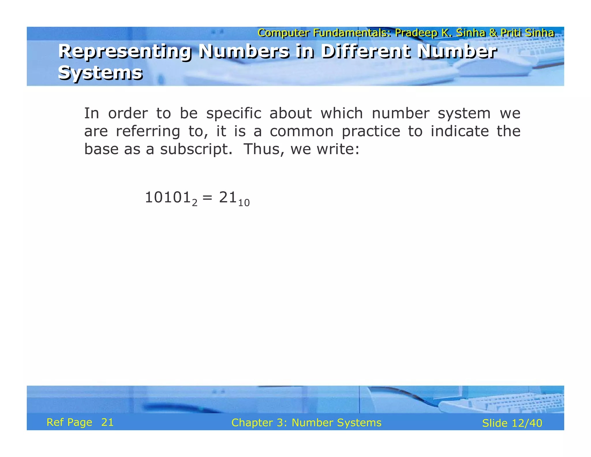 Computer Fundamentals: Pradeep K. Sinha & Priti SinhaComputer Fundamentals: Pradeep K. Sinha & Priti Sinha
Slide 12/40Chapter 3: Number SystemsRef Page
In order to be specific about which number system we
are referring to, it is a common practice to indicate the
base as a subscript. Thus, we write:
101012 = 2110
Representing Numbers in Different Number
Systems
Representing Numbers in Different Number
Systems
21
 
