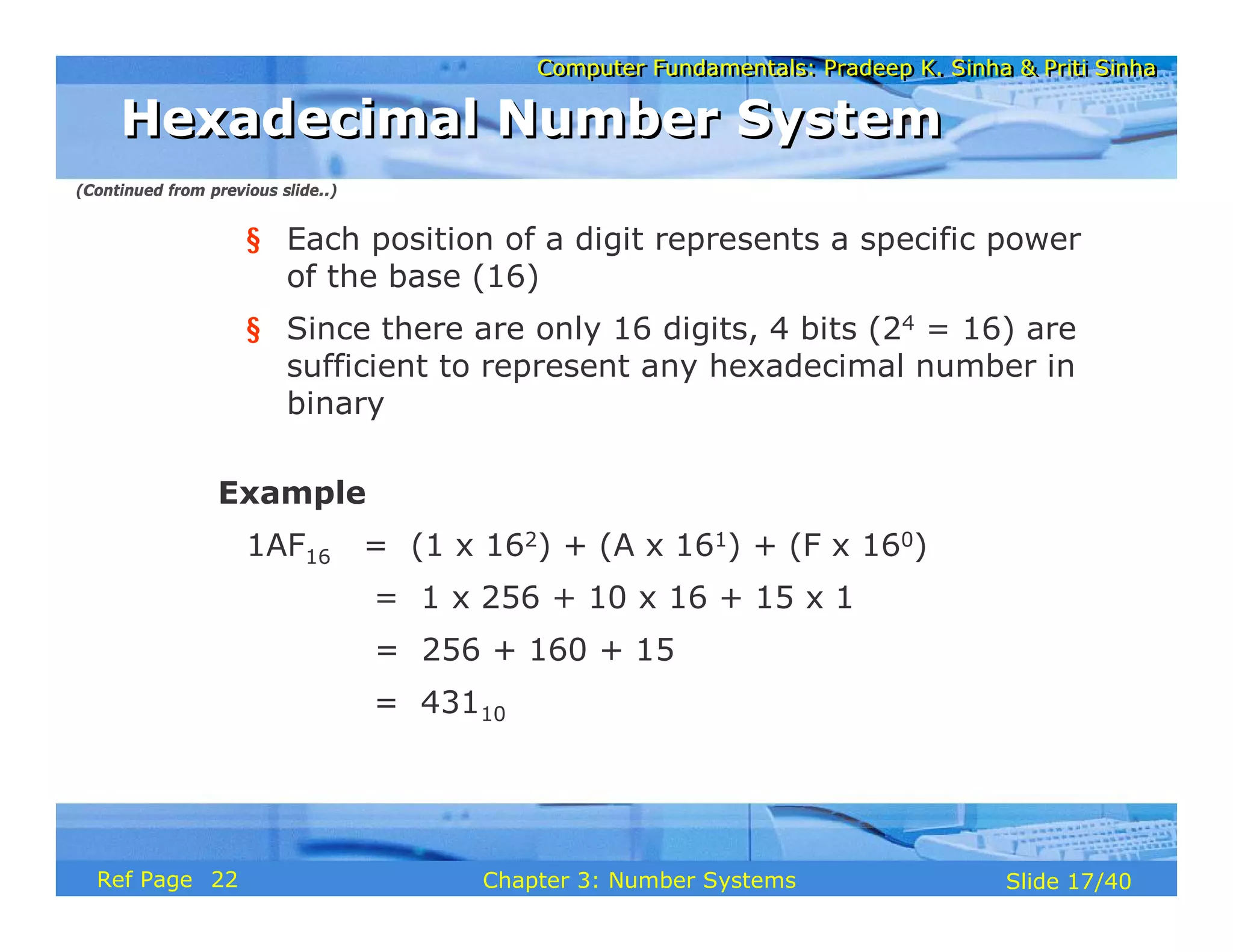 Computer Fundamentals: Pradeep K. Sinha & Priti SinhaComputer Fundamentals: Pradeep K. Sinha & Priti Sinha
Slide 17/40Chapter 3: Number SystemsRef Page
§ Each position of a digit represents a specific power
of the base (16)
§ Since there are only 16 digits, 4 bits (24 = 16) are
sufficient to represent any hexadecimal number in
binary
Example
1AF16 = (1 x 162) + (A x 161) + (F x 160)
= 1 x 256 + 10 x 16 + 15 x 1
= 256 + 160 + 15
= 43110
Hexadecimal Number SystemHexadecimal Number System
(Continued from previous slide..)
22
 