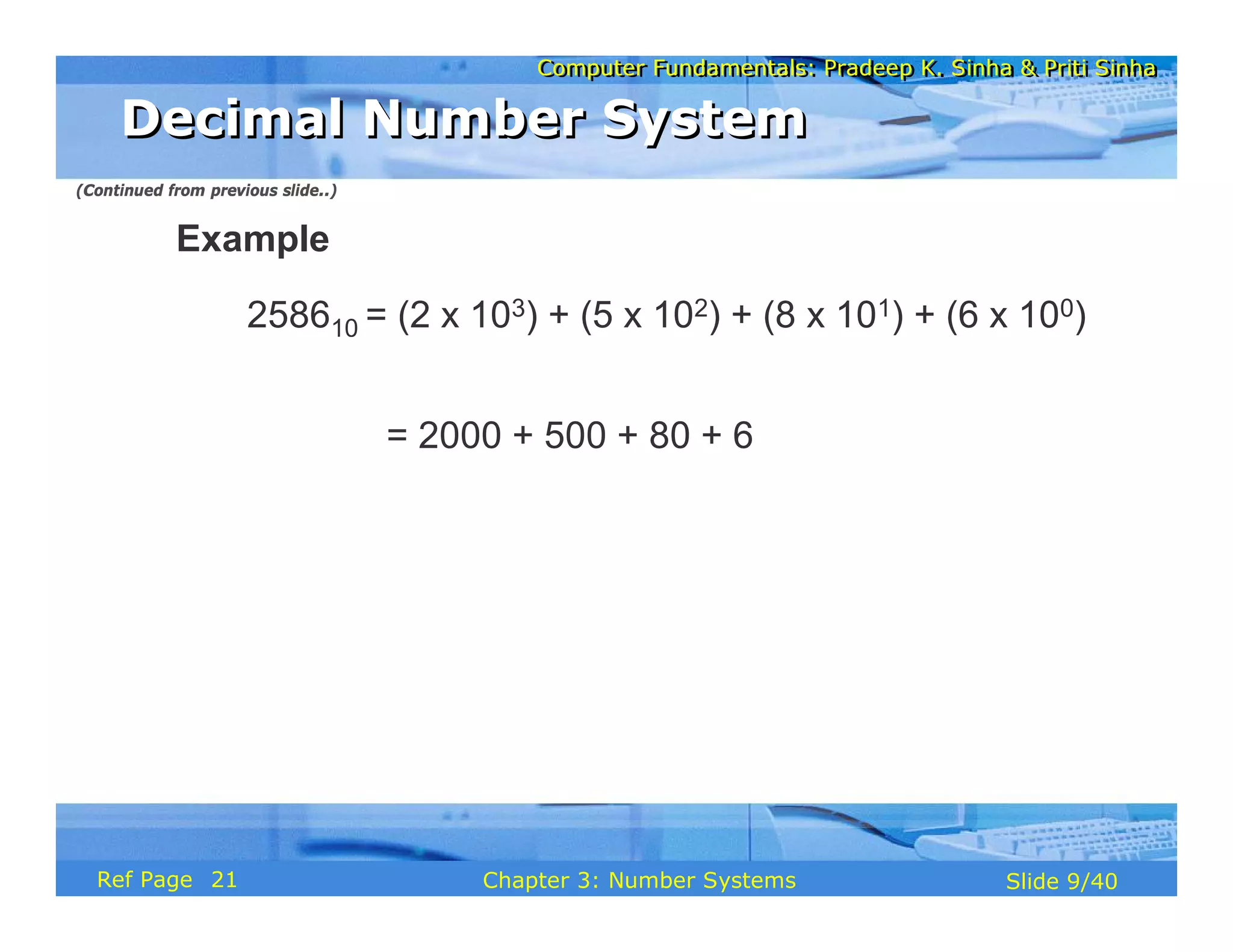 Computer Fundamentals: Pradeep K. Sinha & Priti SinhaComputer Fundamentals: Pradeep K. Sinha & Priti Sinha
Slide 9/40Chapter 3: Number SystemsRef Page
Example
258610 = (2 x 103) + (5 x 102) + (8 x 101) + (6 x 100)
= 2000 + 500 + 80 + 6
Decimal Number SystemDecimal Number System
(Continued from previous slide..)
21
 