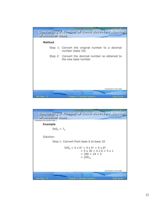 12
Computer Fundamentals: Pradeep K. Sinha & Priti SinhaComputer Fundamentals: Pradeep K. Sinha & Priti Sinha
Slide 23/40Chapter 3: Number SystemsRef Page
Method
Step 1: Convert the original number to a decimal
number (base 10)
Step 2: Convert the decimal number so obtained to
the new base number
Converting a Number of Some Base to a Number
of Another Base
Converting a Number of Some Base to a Number
of Another Base
(Continued on next slide)
27
Computer Fundamentals: Pradeep K. Sinha & Priti SinhaComputer Fundamentals: Pradeep K. Sinha & Priti Sinha
Slide 24/40Chapter 3: Number SystemsRef Page
Example
5456 = ?4
Solution:
Step 1: Convert from base 6 to base 10
5456 = 5 x 62 + 4 x 61 + 5 x 60
= 5 x 36 + 4 x 6 + 5 x 1
= 180 + 24 + 5
= 20910
(Continued from previous slide..)
(Continued on next slide)
Converting a Number of Some Base to a Number
of Another Base
Converting a Number of Some Base to a Number
of Another Base
27
 