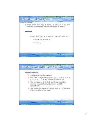 8
Computer Fundamentals: Pradeep K. Sinha & Priti SinhaComputer Fundamentals: Pradeep K. Sinha & Priti Sinha
Slide 15/40Chapter 3: Number SystemsRef Page
§ Since there are only 8 digits, 3 bits (23 = 8) are
sufficient to represent any octal number in binary
Example
20578 = (2 x 83) + (0 x 82) + (5 x 81) + (7 x 80)
= 1024 + 0 + 40 + 7
= 107110
Octal Number SystemOctal Number System
(Continued from previous slide..)
22
Computer Fundamentals: Pradeep K. Sinha & Priti SinhaComputer Fundamentals: Pradeep K. Sinha & Priti Sinha
Slide 16/40Chapter 3: Number SystemsRef Page
Characteristics
§ A positional number system
§ Has total 16 symbols or digits (0, 1, 2, 3, 4, 5, 6, 7,
8, 9, A, B, C, D, E, F). Hence its base = 16
§ The symbols A, B, C, D, E and F represent the
decimal values 10, 11, 12, 13, 14 and 15
respectively
§ The maximum value of a single digit is 15 (one less
than the value of the base)
Hexadecimal Number SystemHexadecimal Number System
(Continued on next slide)
22
 