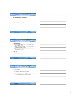 2
Computer Fundamentals: Pradeep K. Sinha & Priti SinhaComputer Fundamentals: Pradeep K. Sinha & Priti Sinha
Slide 4/40Chapter 3: Number SystemsRef Page
Two types of number systems are:
§ Non-positional number systems
§ Positional number systems
Number SystemsNumber Systems
20
Computer Fundamentals: Pradeep K. Sinha & Priti SinhaComputer Fundamentals: Pradeep K. Sinha & Priti Sinha
Slide 5/40Chapter 3: Number SystemsRef Page
§ Characteristics
§ Use symbols such as I for 1, II for 2, III for 3, IIII
for 4, IIIII for 5, etc
§ Each symbol represents the same value regardless
of its position in the number
§ The symbols are simply added to find out the value
of a particular number
§ Difficulty
§ It is difficult to perform arithmetic with such a
number system
Non-positional Number SystemsNon-positional Number Systems
20
Computer Fundamentals: Pradeep K. Sinha & Priti SinhaComputer Fundamentals: Pradeep K. Sinha & Priti Sinha
Slide 6/40Chapter 3: Number SystemsRef Page
§ Characteristics
§ Use only a few symbols called digits
§ These symbols represent different values depending
on the position they occupy in the number
Positional Number SystemsPositional Number Systems
(Continued on next slide)
20
 
