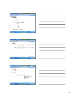 8
Computer Fundamentals: Pradeep K. Sinha & Priti SinhaComputer Fundamentals: Pradeep K. Sinha & Priti Sinha
Slide 22/40Chapter 3: Number SystemsRef Page
Example
95210 = ?8
Solution:
Remainder
s
952
14
1
0
7
6
8
119
0 1
Hence, 95210 = 16708
(Continued from previous slide..)
Converting a Decimal Number to a Number of
Another Base
Converting a Decimal Number to a Number of
Another Base
26
Computer Fundamentals: Pradeep K. Sinha & Priti SinhaComputer Fundamentals: Pradeep K. Sinha & Priti Sinha
Slide 23/40Chapter 3: Number SystemsRef Page
Method
Step 1: Convert the original number to a decimal
number (base 10)
Step 2: Convert the decimal number so obtained to
the new base number
Converting a Number of Some Base to a Number
of Another Base
Converting a Number of Some Base to a Number
of Another Base
(Continued on next slide)
27
Computer Fundamentals: Pradeep K. Sinha & Priti SinhaComputer Fundamentals: Pradeep K. Sinha & Priti Sinha
Slide 24/40Chapter 3: Number SystemsRef Page
Example
5456 = ?4
Solution:
Step 1: Convert from base 6 to base 10
5456 = 5 x 62 + 4 x 61 + 5 x 60
= 5 x 36 + 4 x 6 + 5 x 1
= 180 + 24 + 5
= 20910
(Continued from previous slide..)
(Continued on next slide)
Converting a Number of Some Base to a Number
of Another Base
Converting a Number of Some Base to a Number
of Another Base
27
 