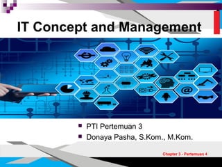 IT Concept and Management
 PTI Pertemuan 3
 Donaya Pasha, S.Kom., M.Kom.
Chapter 3 - Pertemuan 4
 