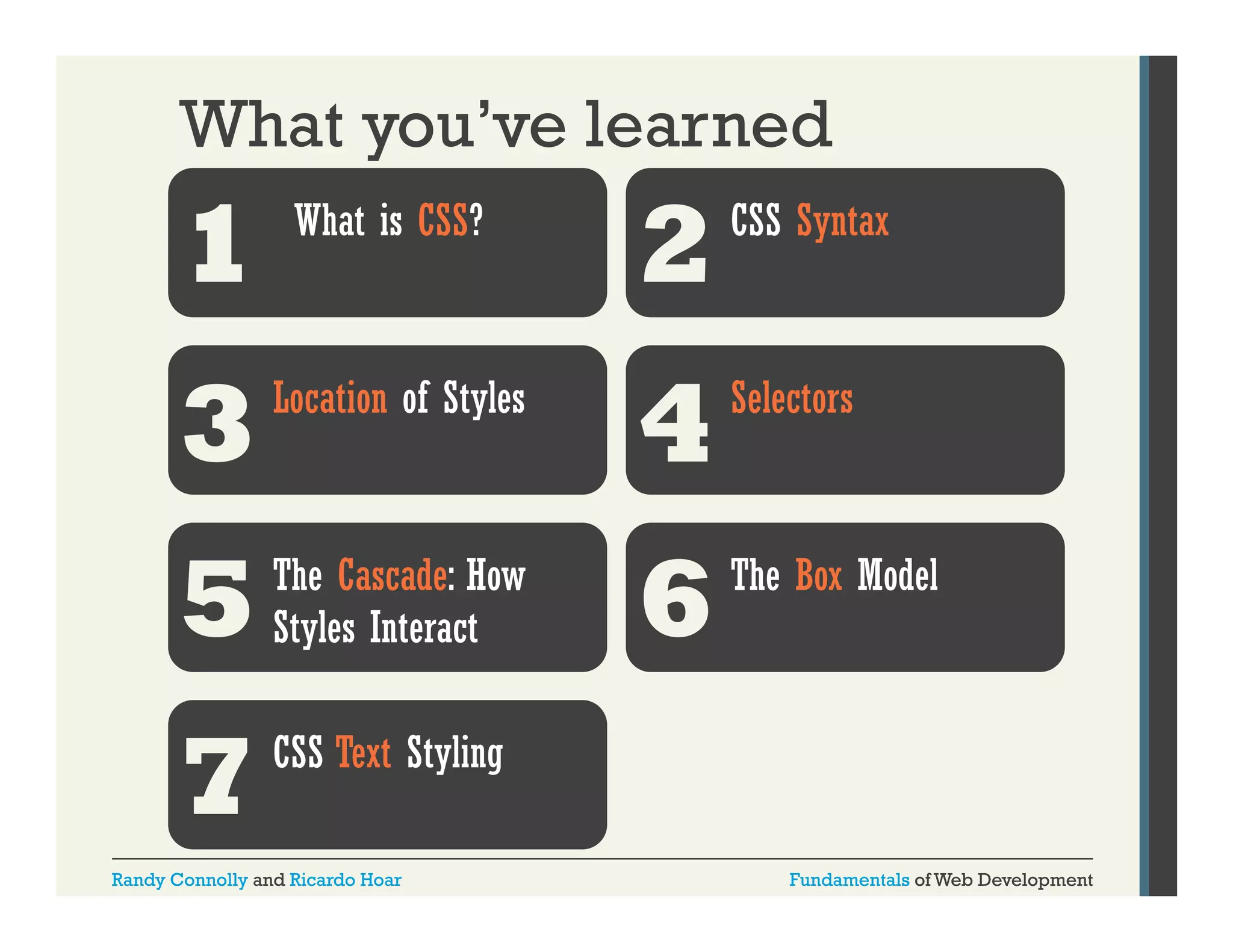 What you’ve learned

1

What is CSS?

2

CSS Syntax

3

Location of Styles
y

4

Selectors

5

The Cascade: How
Styles Interact

6

The Box Model

7

CSS Text Styling

Randy Connolly and Ricardo Hoar

Fundamentals of Web Development

 