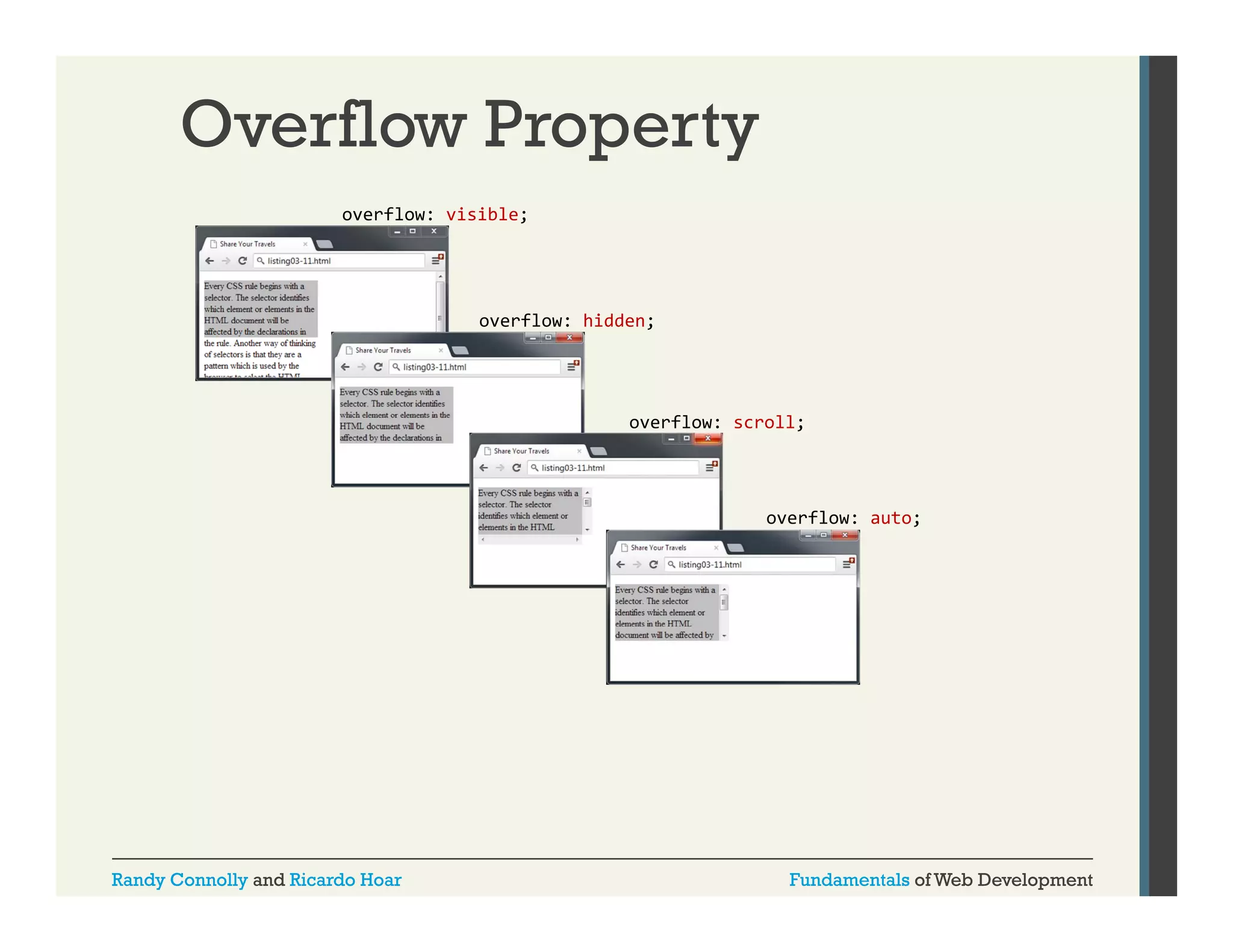 Overflow Property
overflow: visible;

overflow: hidden;

overflow: scroll;
fl
ll

overflow: auto;

Randy Connolly and Ricardo Hoar

Fundamentals of Web Development

 