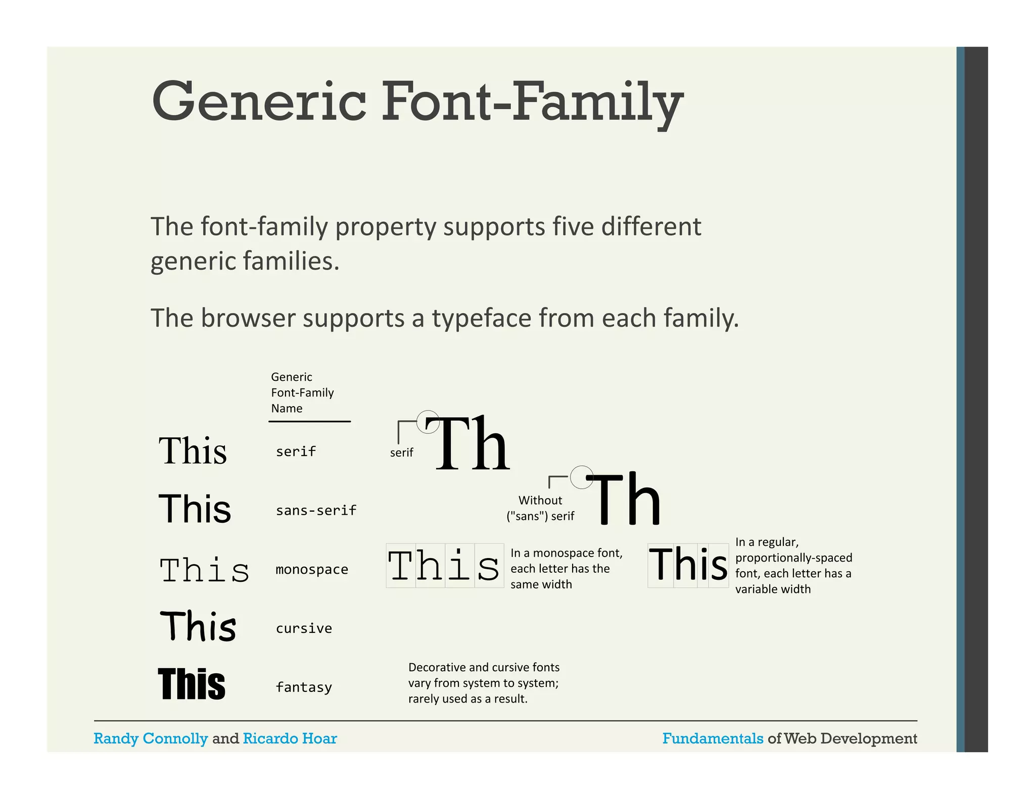 Generic Font-Family
The font‐family property supports five different 
generic families.
The browser supports a typeface from each family. 
Generic 
Font‐Family 
Name

serif

serif
if

Without 
("sans") serif

sans-serif

This
This
This

monospace

This
hi

In a monospace font, 
I
f t
each letter has the 
same width

In a regular, 
proportionally‐spaced 
font, each letter has a 
variable width

cursive

fantasy

Randy Connolly and Ricardo Hoar

Decorative and cursive fonts 
vary from system to system; 
rarely used as a result.

Fundamentals of Web Development

 