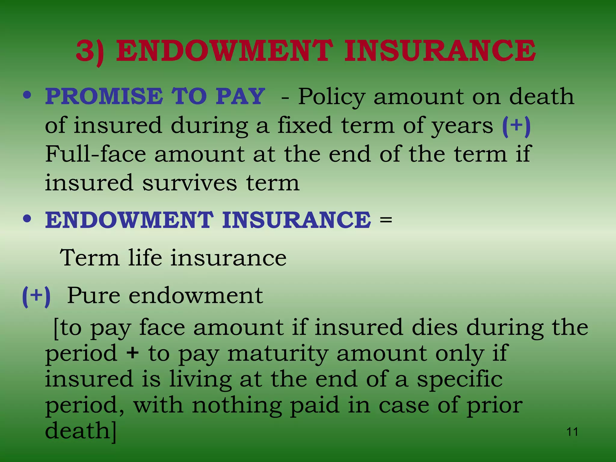 3) ENDOWMENT INSURANCE PROMISE TO PAY   - Policy amount on death of insured during a fixed term of years  (+)   Full-face amount at the end of the term if insured survives term ENDOWMENT INSURANCE  =  Term life insurance  (+)   Pure endowment  [to pay face amount if insured dies during the period  +  to pay maturity amount only if insured is living at the end of a specific period, with nothing paid in case of prior death] 