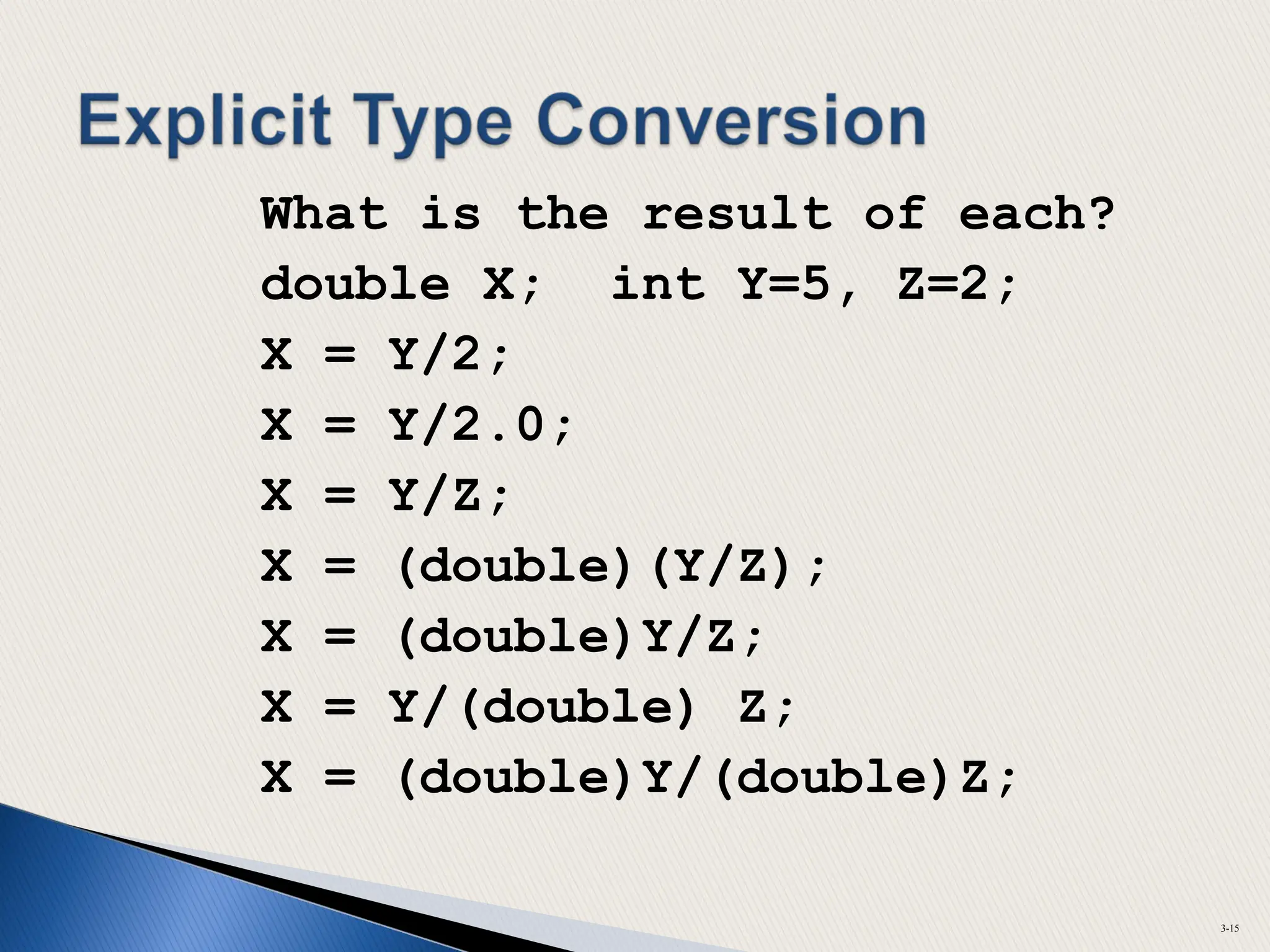 What is the result of each?
double X; int Y=5, Z=2;
X = Y/2;
X = Y/2.0;
X = Y/Z;
X = (double)(Y/Z);
X = (double)Y/Z;
X = Y/(double) Z;
X = (double)Y/(double)Z;
3-15
 