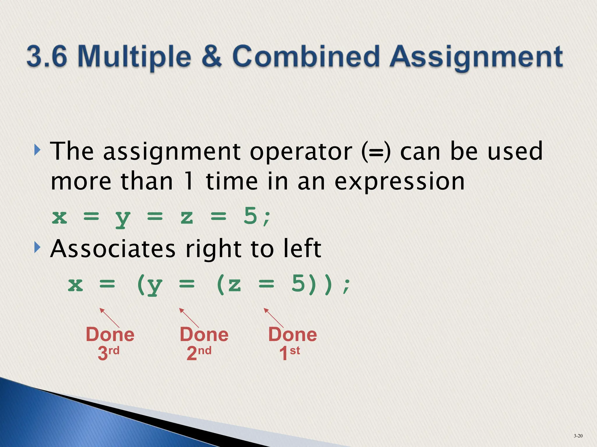  The assignment operator (=) can be used
more than 1 time in an expression
x = y = z = 5;
 Associates right to left
x = (y = (z = 5));
3-20
Done Done Done
3rd
2nd
1st
 