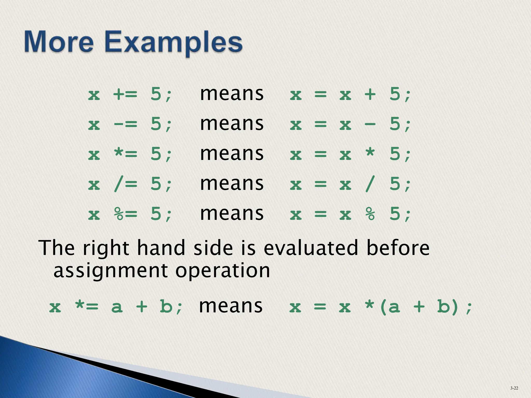 x += 5; means x = x + 5;
x -= 5; means x = x – 5;
x *= 5; means x = x * 5;
x /= 5; means x = x / 5;
x %= 5; means x = x % 5;
The right hand side is evaluated before
assignment operation
x *= a + b; means x = x *(a + b);
3-22
 