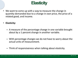 Elasticity
Ch. 3 • 47
©2015 Cengage Learning. All Rights Reserved. May not be scanned, copied or duplicated, or posted to a publicly accessible website, in whole or in part.
• We want to come up with a way to measure the change in
quantity demanded due to a change in own price, the price of a
related good, and income.
• Elasticity:
– A measure of the percentage change in one variable brought
about by a 1 percent change in another variable.
– With percentage changes we do not have to worry about the
actual units of measurement.
– Think of responsiveness when talking about elasticity.
 