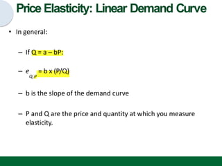 Price Elasticity: Linear Demand Curve
• In general:
– If Q = a – bP:
– e = b x (P/Q)
Q,P
– b is the slope of the demand curve
– P and Q are the price and quantity at which you measure
elasticity.
 