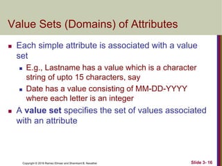 Copyright © 2016 Ramez Elmasr and Shamkant B. Navathei
Value Sets (Domains) of Attributes
 Each simple attribute is associated with a value
set
 E.g., Lastname has a value which is a character
string of upto 15 characters, say
 Date has a value consisting of MM-DD-YYYY
where each letter is an integer
 A value set specifies the set of values associated
with an attribute
Slide 3- 16
 