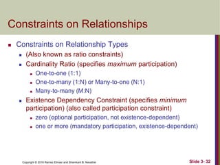 Copyright © 2016 Ramez Elmasr and Shamkant B. Navathei Slide 3- 32
Constraints on Relationships
 Constraints on Relationship Types
 (Also known as ratio constraints)
 Cardinality Ratio (specifies maximum participation)
 One-to-one (1:1)
 One-to-many (1:N) or Many-to-one (N:1)
 Many-to-many (M:N)
 Existence Dependency Constraint (specifies minimum
participation) (also called participation constraint)
 zero (optional participation, not existence-dependent)
 one or more (mandatory participation, existence-dependent)
 