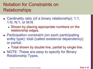 Copyright © 2016 Ramez Elmasr and Shamkant B. Navathei Slide 3- 42
Notation for Constraints on
Relationships
 Cardinality ratio (of a binary relationship): 1:1,
1:N, N:1, or M:N
 Shown by placing appropriate numbers on the
relationship edges.
 Participation constraint (on each participating
entity type): total (called existence dependency)
or partial.
 Total shown by double line, partial by single line.
 NOTE: These are easy to specify for Binary
Relationship Types.
 