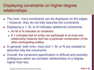 Copyright © 2016 Ramez Elmasr and Shamkant B. Navathei Slide 3- 56
Displaying constraints on higher-degree
relationships
 The (min, max) constraints can be displayed on the edges
– however, they do not fully describe the constraints
 Displaying a 1, M, or N indicates additional constraints
 An M or N indicates no constraint
 A 1 indicates that an entity can participate in at most one
relationship instance that has a particular combination of the
other participating entities
 In general, both (min, max) and 1, M, or N are needed to
describe fully the constraints
 Overall, the constraint specification is difficult and possibly
ambiguous when we consider relationships of a degree
higher than two.
 