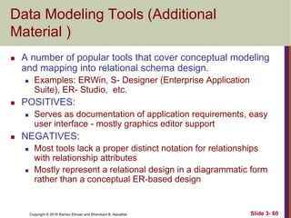 Copyright © 2016 Ramez Elmasr and Shamkant B. Navathei Slide 3- 60
Data Modeling Tools (Additional
Material )
 A number of popular tools that cover conceptual modeling
and mapping into relational schema design.
 Examples: ERWin, S- Designer (Enterprise Application
Suite), ER- Studio, etc.
 POSITIVES:
 Serves as documentation of application requirements, easy
user interface - mostly graphics editor support
 NEGATIVES:
 Most tools lack a proper distinct notation for relationships
with relationship attributes
 Mostly represent a relational design in a diagrammatic form
rather than a conceptual ER-based design
 
