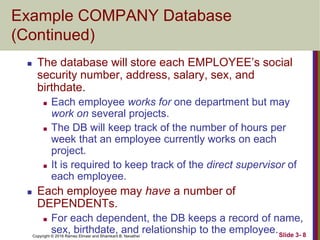 Copyright © 2016 Ramez Elmasr and Shamkant B. Navathei Slide 3- 8
Example COMPANY Database
(Continued)
 The database will store each EMPLOYEE’s social
security number, address, salary, sex, and
birthdate.
 Each employee works for one department but may
work on several projects.
 The DB will keep track of the number of hours per
week that an employee currently works on each
project.
 It is required to keep track of the direct supervisor of
each employee.
 Each employee may have a number of
DEPENDENTs.
 For each dependent, the DB keeps a record of name,
sex, birthdate, and relationship to the employee.
 