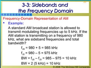 3-3: Sidebands and
the Frequency Domain

20

Frequency-Domain Representation of AM
 Example:
A standard AM broadcast station is allowed to
transmit modulating frequencies up to 5 kHz. If the
AM station is transmitting on a frequency of 980
kHz, what are sideband frequencies and total
bandwidth?
fUSB = 980 + 5 = 985 kHz
fLSB = 980 – 5 = 975 kHz
BW = fUSB – fLSB = 985 – 975 = 10 kHz
BW = 2 (5 kHz) = 10 kHz
© 2008 The McGraw-Hill Companies

 