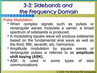 3-3: Sidebands and
the Frequency Domain

21

Pulse Modulation:
 When complex signals such as pulses or
rectangular waves modulate a carrier, a broad
spectrum of sidebands is produced.
 A modulating square wave will produce sidebands
based on the fundamental sine wave as well as
the third, fifth, seventh, etc. harmonics.
 Amplitude modulation by square waves or
rectangular pulses is referred to as amplitude
shift keying (ASK).
 ASK is used in some types of data
communications.
© 2008 The McGraw-Hill Companies

 