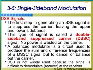 29

3-5: Single-Sideband Modulation
DSB Signals:
 The first step in generating an SSB signal is
to suppress the carrier, leaving the upper
and lower sidebands.
 This type of signal is called a doublesideband suppressed carrier (DSSC)
signal. No power is wasted on the carrier.
 A balanced modulator is a circuit used to
produce the sum and difference frequencies
of a DSSC signal but to cancel or balance
out the carrier.
 DSB is not widely used because the signal is

difficult to demodulate (recover) at the receiver .

© 2008 The McGraw-Hill Companies

 