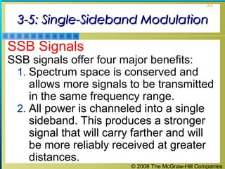 32

3-5: Single-Sideband Modulation

SSB Signals

SSB signals offer four major benefits:
1. Spectrum space is conserved and
allows more signals to be transmitted
in the same frequency range.
2. All power is channeled into a single
sideband. This produces a stronger
signal that will carry farther and will
be more reliably received at greater
distances.
© 2008 The McGraw-Hill Companies

 