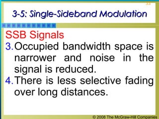 33

3-5: Single-Sideband Modulation

SSB Signals
3. Occupied bandwidth space is
narrower and noise in the
signal is reduced.
4. There is less selective fading
over long distances.
© 2008 The McGraw-Hill Companies

 