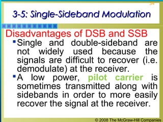 34

3-5: Single-Sideband Modulation

Disadvantages of DSB and SSB

 Single and double-sideband are

not widely used because the
signals are difficult to recover (i.e.
demodulate) at the receiver.
 A low power, pilot carrier is
sometimes transmitted along with
sidebands in order to more easily
recover the signal at the receiver.
© 2008 The McGraw-Hill Companies

 