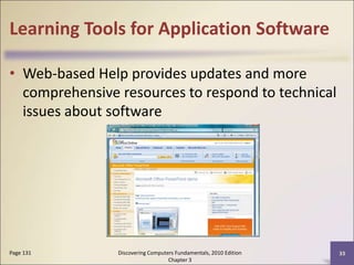 Learning Tools for Application Software
• Web-based Help provides updates and more
comprehensive resources to respond to technical
issues about software
Discovering Computers Fundamentals, 2010 Edition
Chapter 3
33
Page 131
 